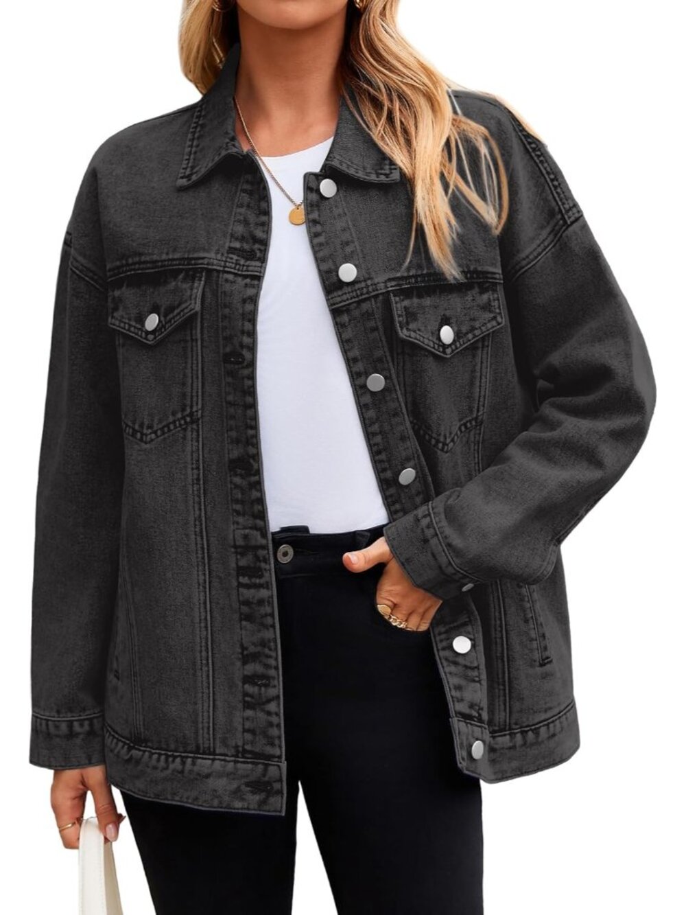 Women's Black Denim Jacket Oversized Button Down Fall Jean Long Sleeve Jacket